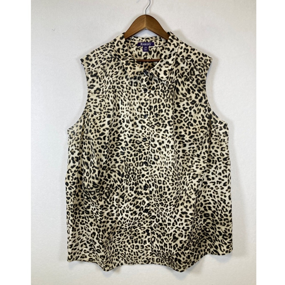 Leopard Print Roaman's Women‎ 28W Tan Sleeveless Button Down Shirt 30-3706-6